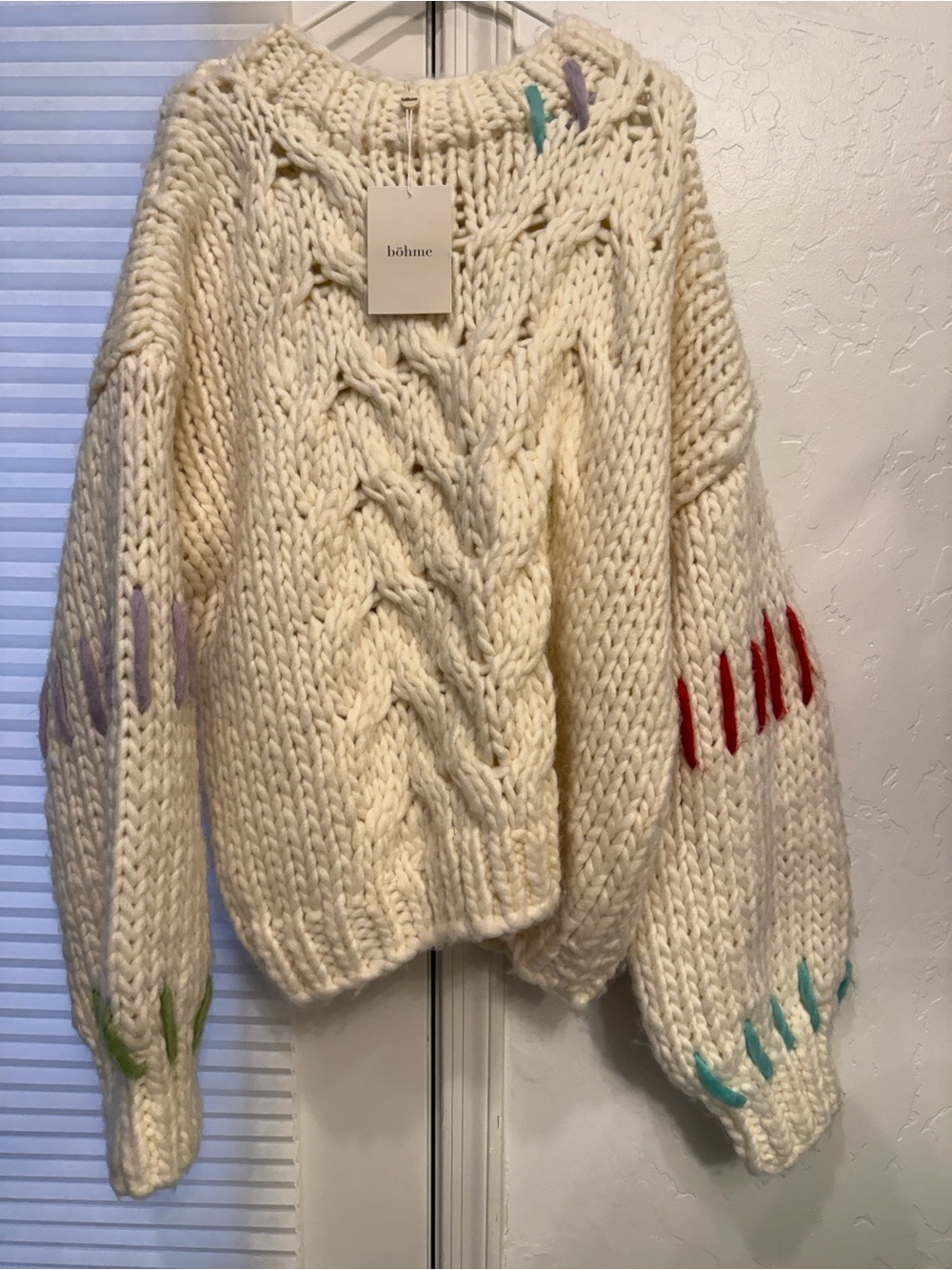 bohme Cream Cable Knit Sweater with Red, Purple, Green, Turquoise Accents